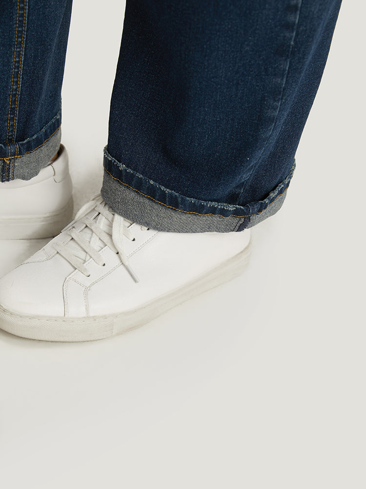 Plain Roll Hem Medium Wash Full Length Jeans