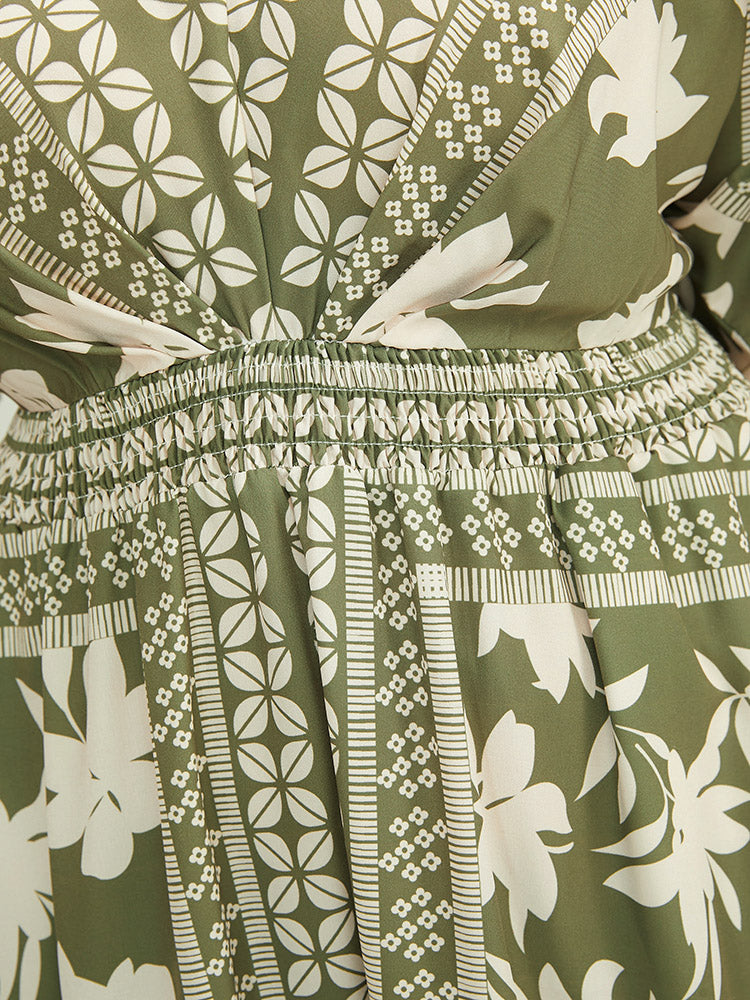 Floral Print Ruffles V Neck Shirred Pocket Split Hem Dress