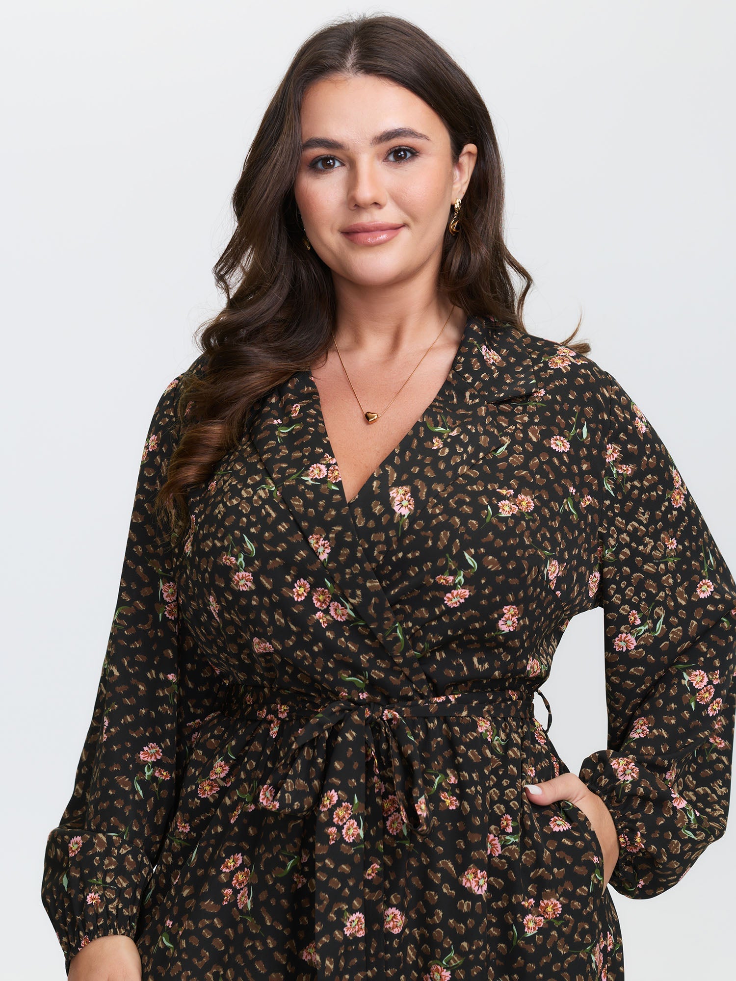 Floral Leopard Print Belted Collar Jumpsuit