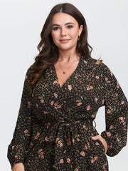 Floral Leopard Print Belted Collar Jumpsuit