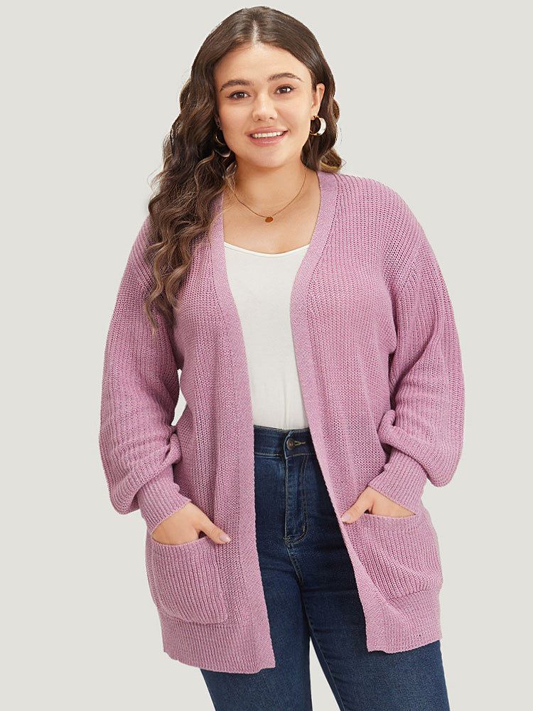 Solid Patched Pocket Lantern Sleeve Open Front Cardigan