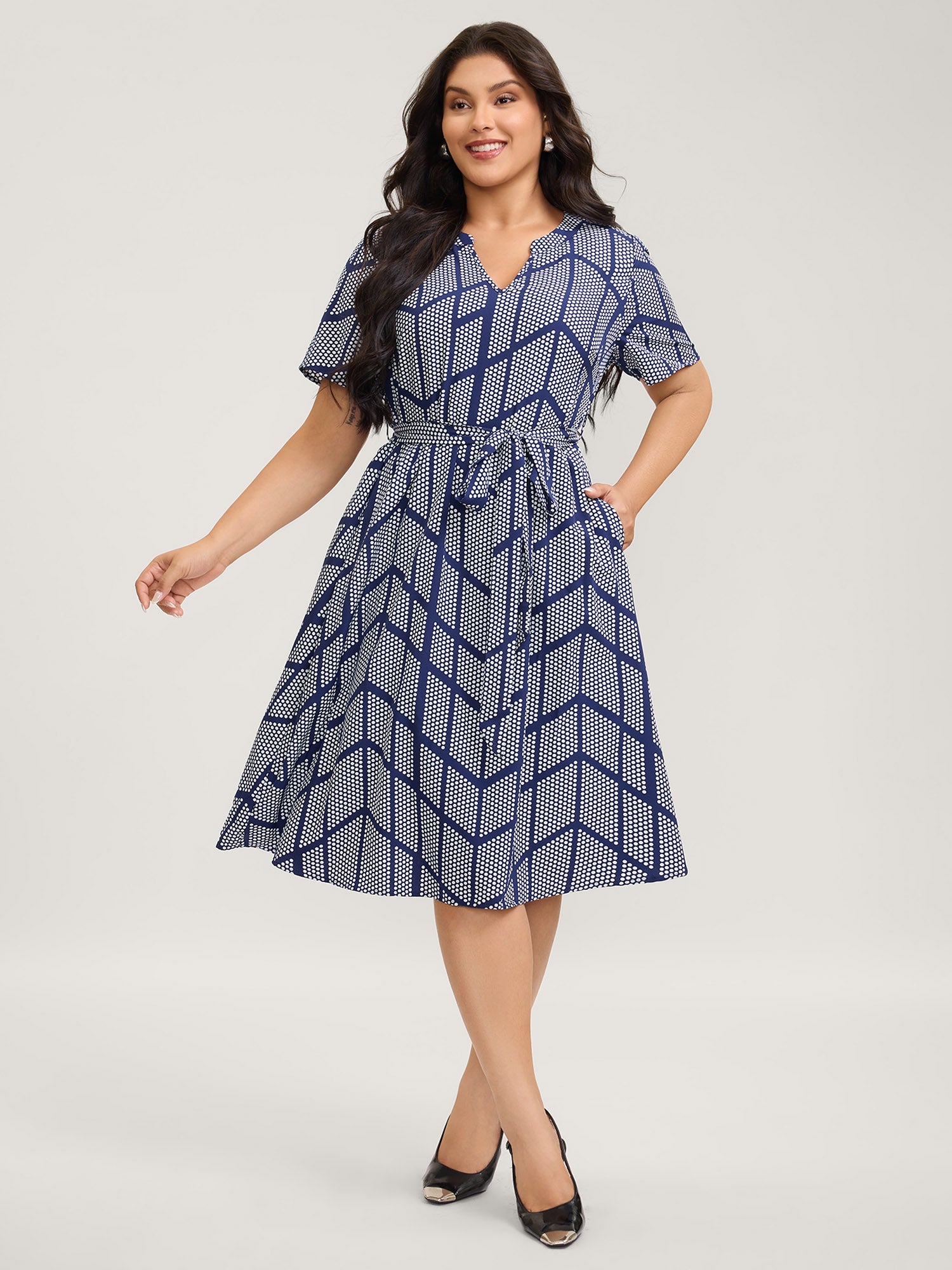 Geometrical Print Notched Collar Belted Midi Dress