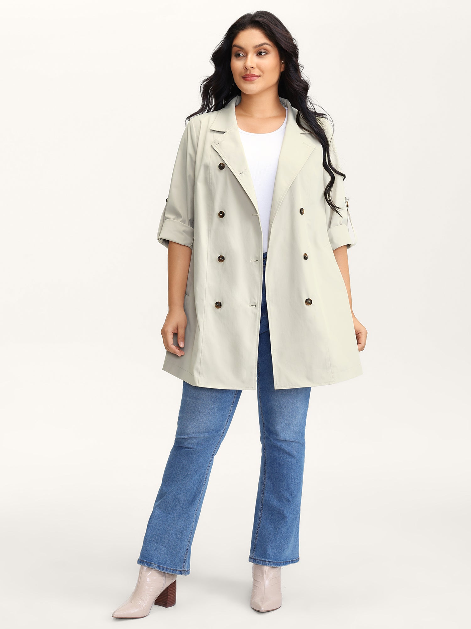 Tab Sleeve Pockets Button Jacket