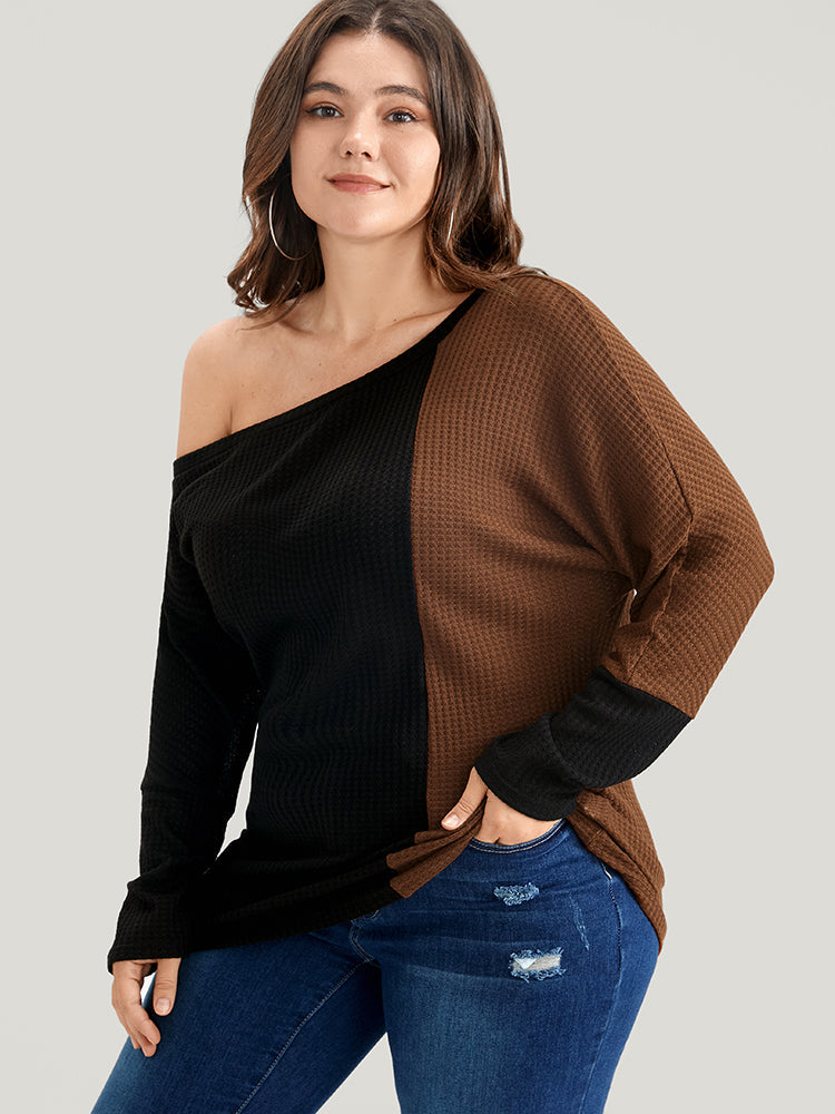 Colorblock Contrast Waffle Knit  One Shoulder Long Tee