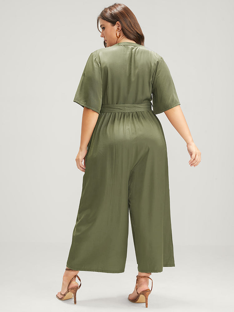 Solid Pocket Button Belted Jumpsuit
