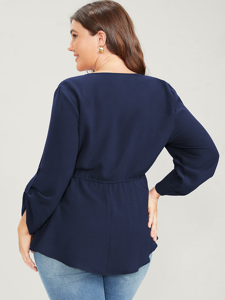 Solid Roll Sleeve Button Down Drawstring Blouse