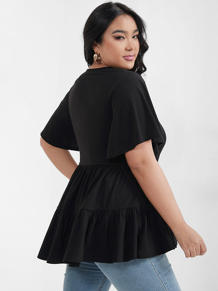 Solid Ruffles Button Round Neck T-shirt