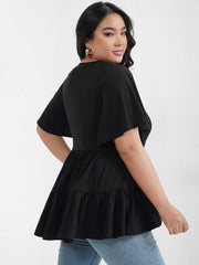 Solid Ruffles Button Round Neck T-shirt