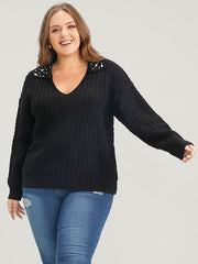 Solid Pointelle Knit Pearls Beaded Collar Neck Knit Top