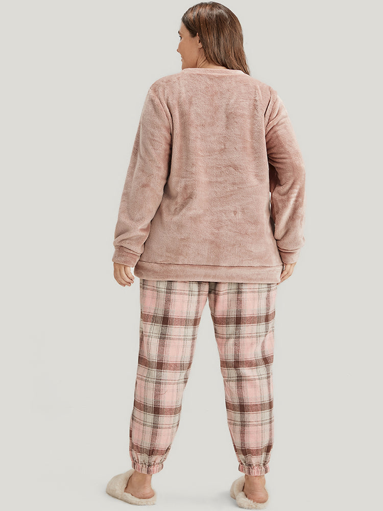 Solid Flannel Round Neck Plaid Pajama Set