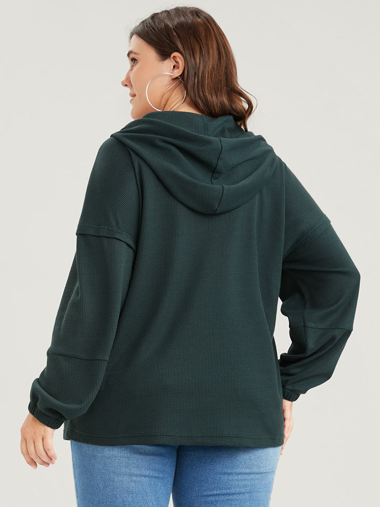 Solid Pocket Button Drawstring Waffle Knit Hooded Sweatshirt