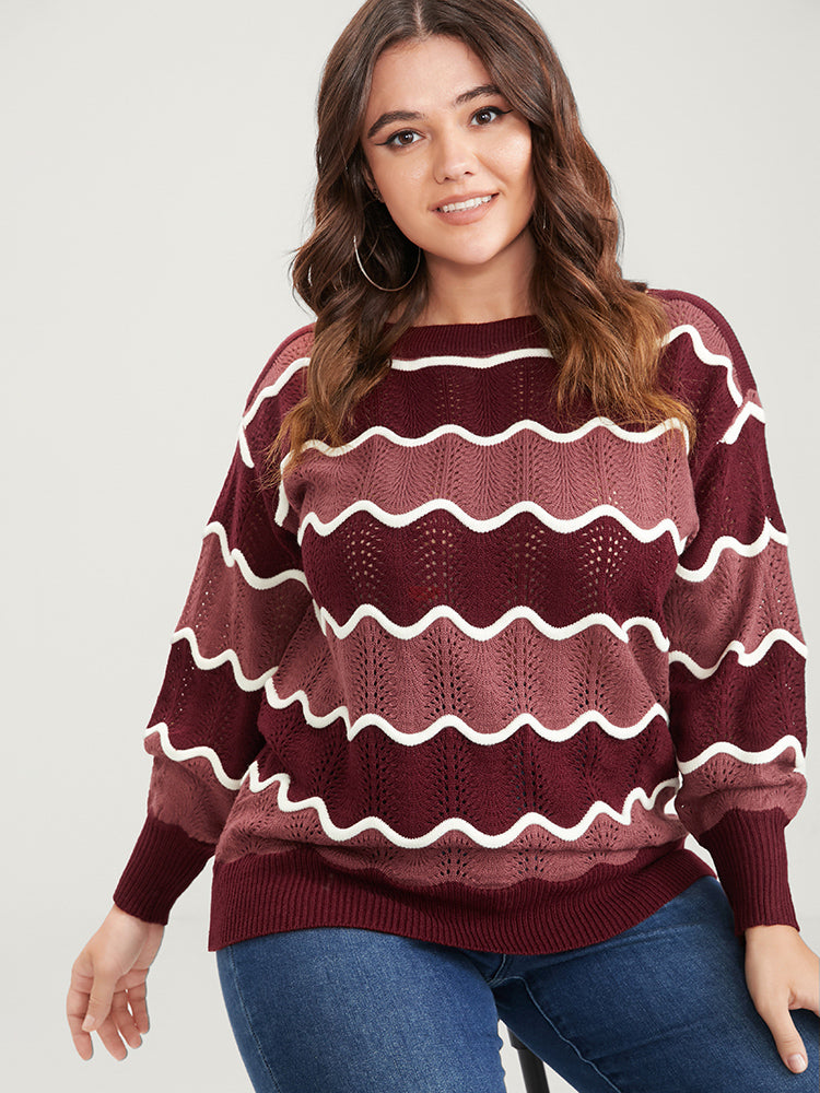 Colorblock Contrast Pointelle Knit Water Ripple Knit Top