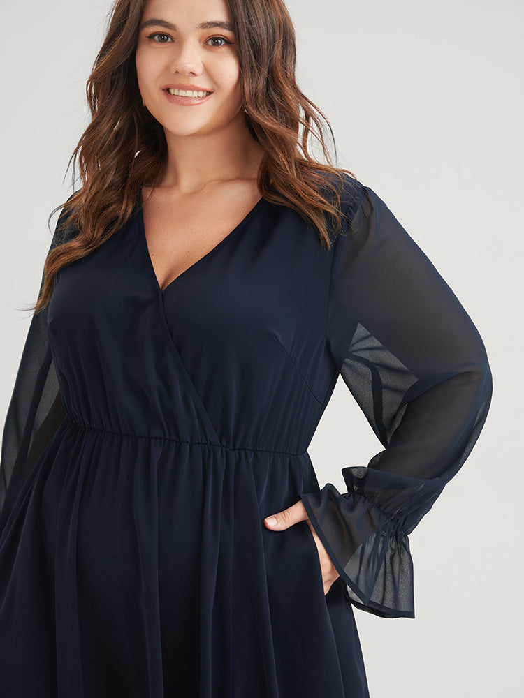 Solid Button Split Pocket Wrap Lantern Sleeve Ruffles Hem Dress