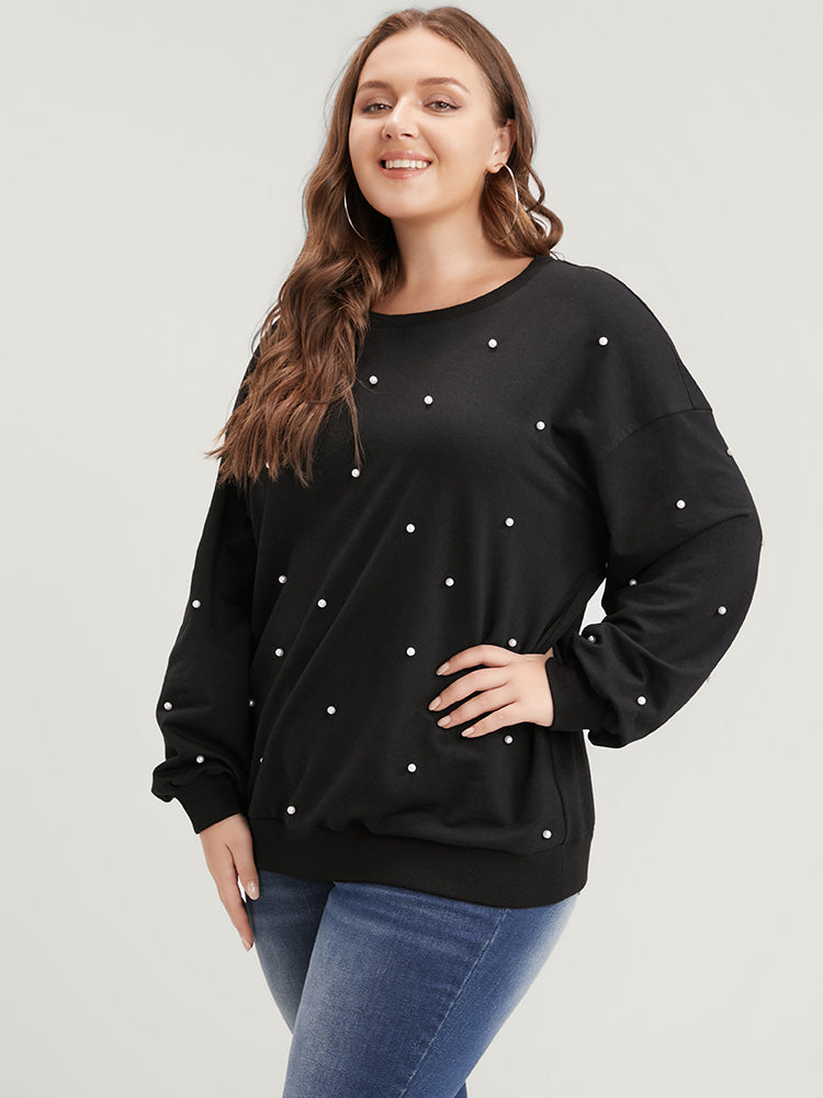 Solid Pearl Beaded Drop Shoulder Sweatshirt