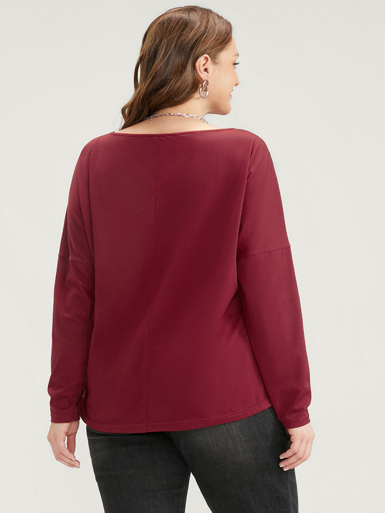 Solid Round Neck Contrast Lace Long Tee