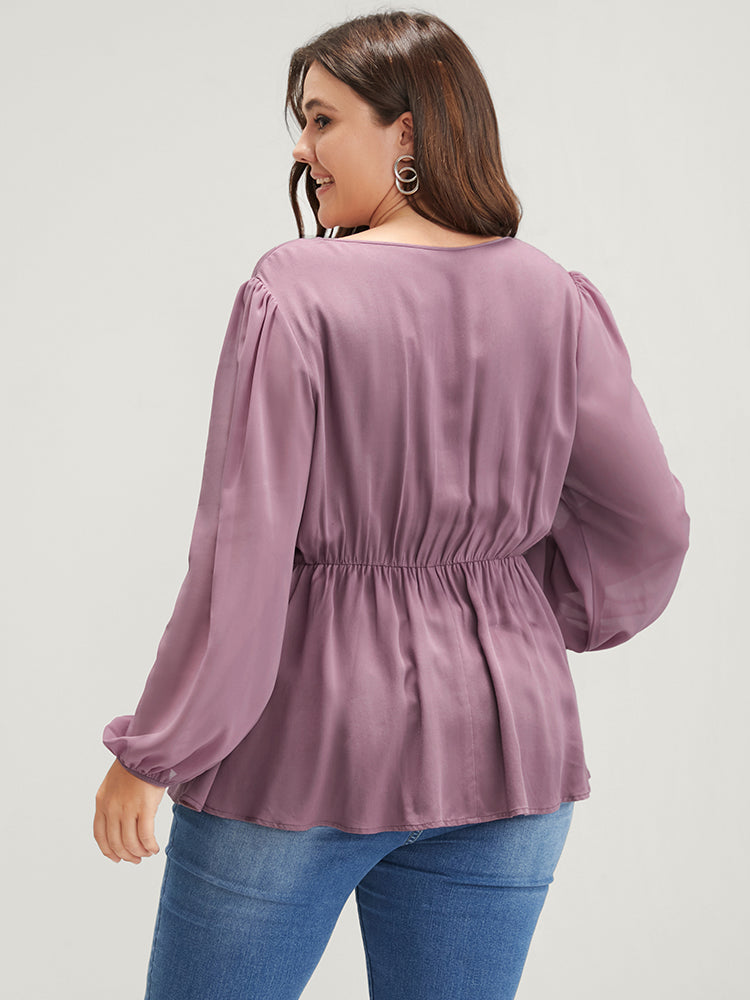 Solid Crochet Lace Lantern Sleeve Flutter Blouse