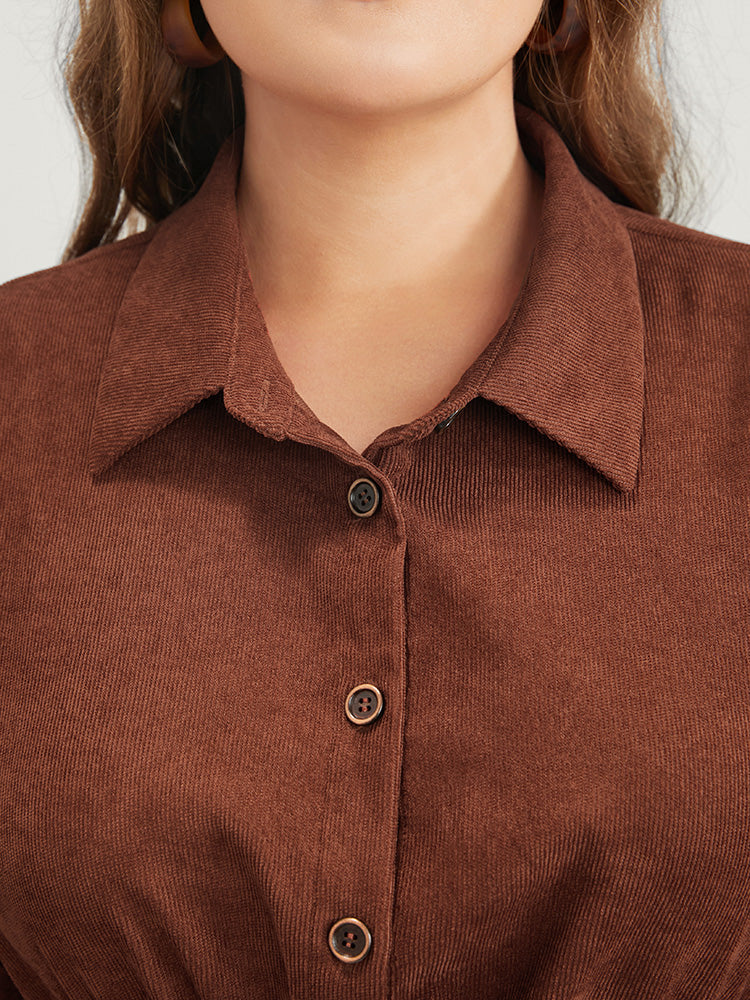 Solid Drawstring Pocket Button Detail Shirt Collar Corduroy Dress