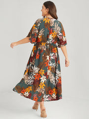Floral V Neck Split Pleated Pocket Maxi Dress