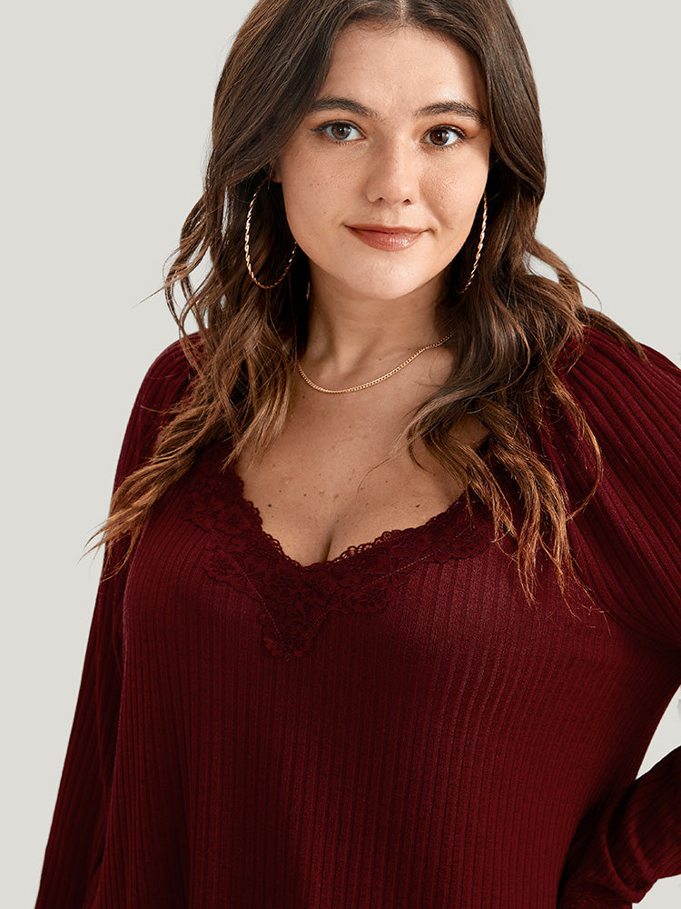 Solid Lace Trim Rib Knit Long Tee