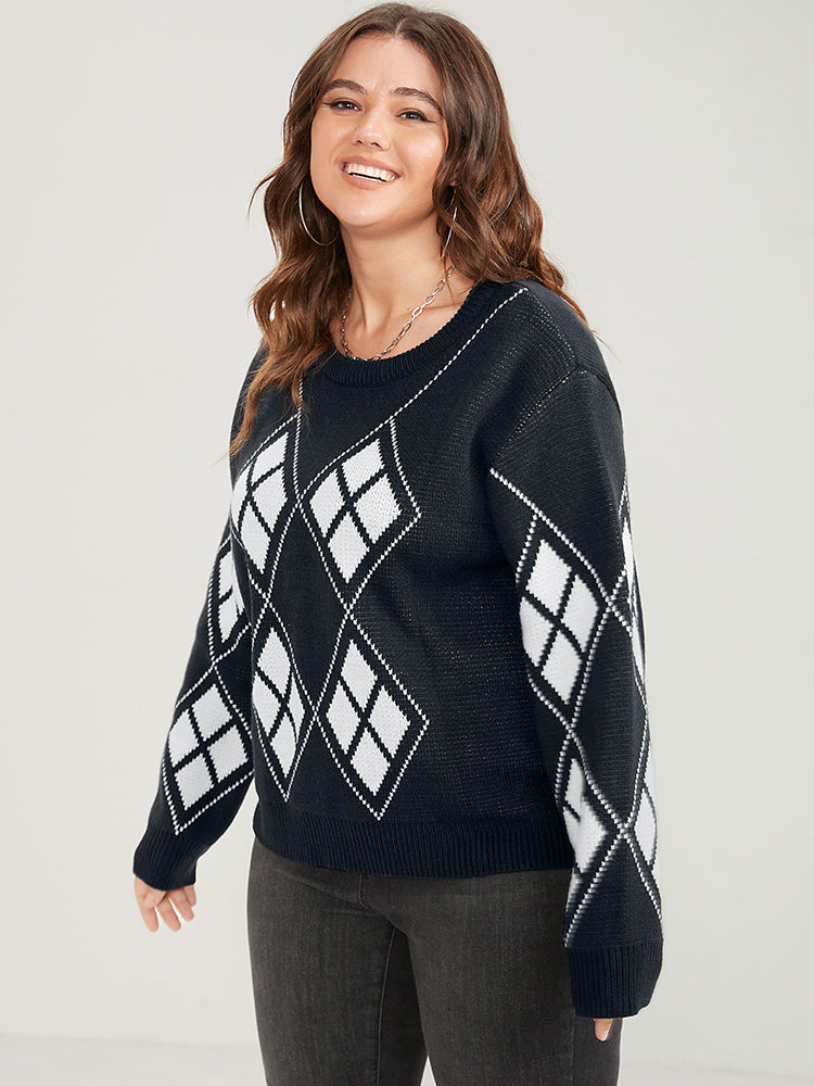 Geometric Contrast Pointelle Knit Round Neck Knit Top