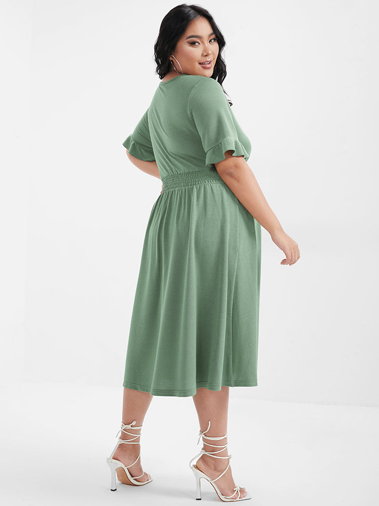 Solid Shirred Ruffles Button V Neck Midi Dress