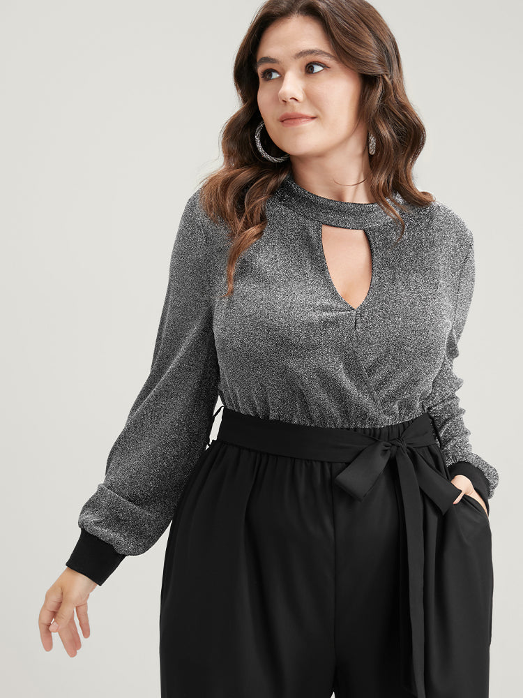 Solid Patchwork Pocket Keyhole Belted Sequin Jumpsuit