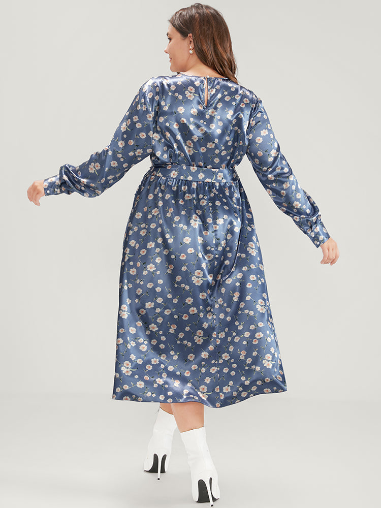 Floral Keyhole Back Pocket Belted Satin Midi Dress