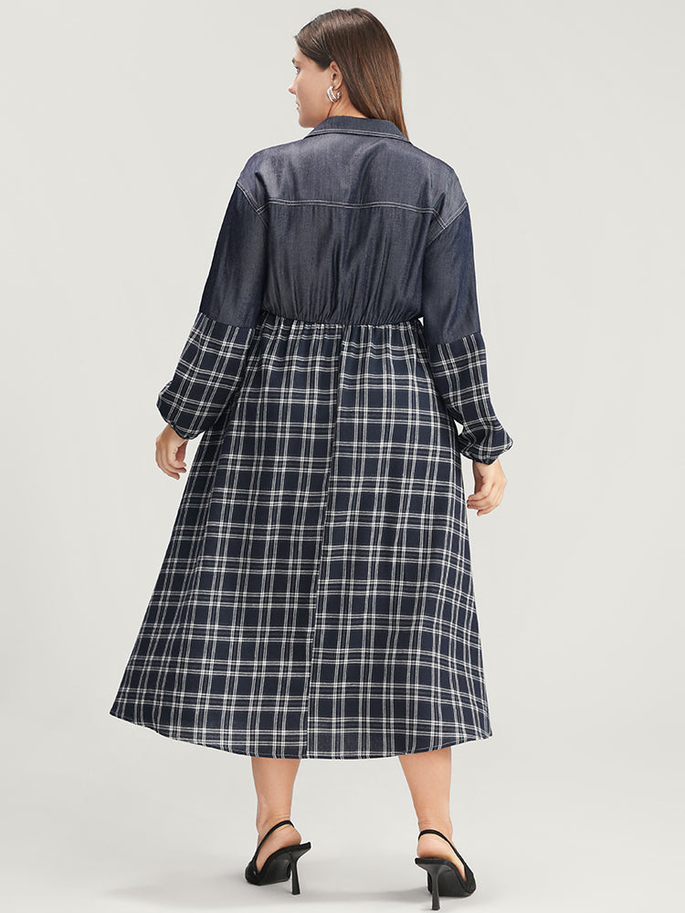 Gingham Patchwork Button Pocket Shirt Collar Dress Without Belt