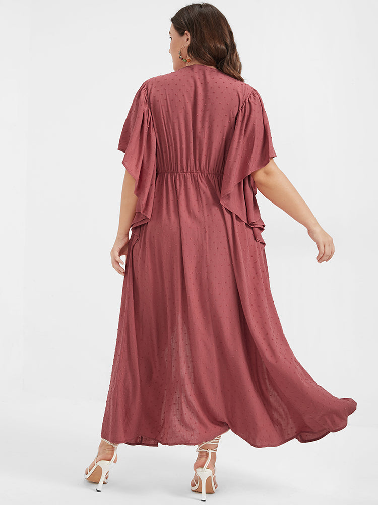 Solid V Neck Ruffles Split Embroidered Maxi Dress