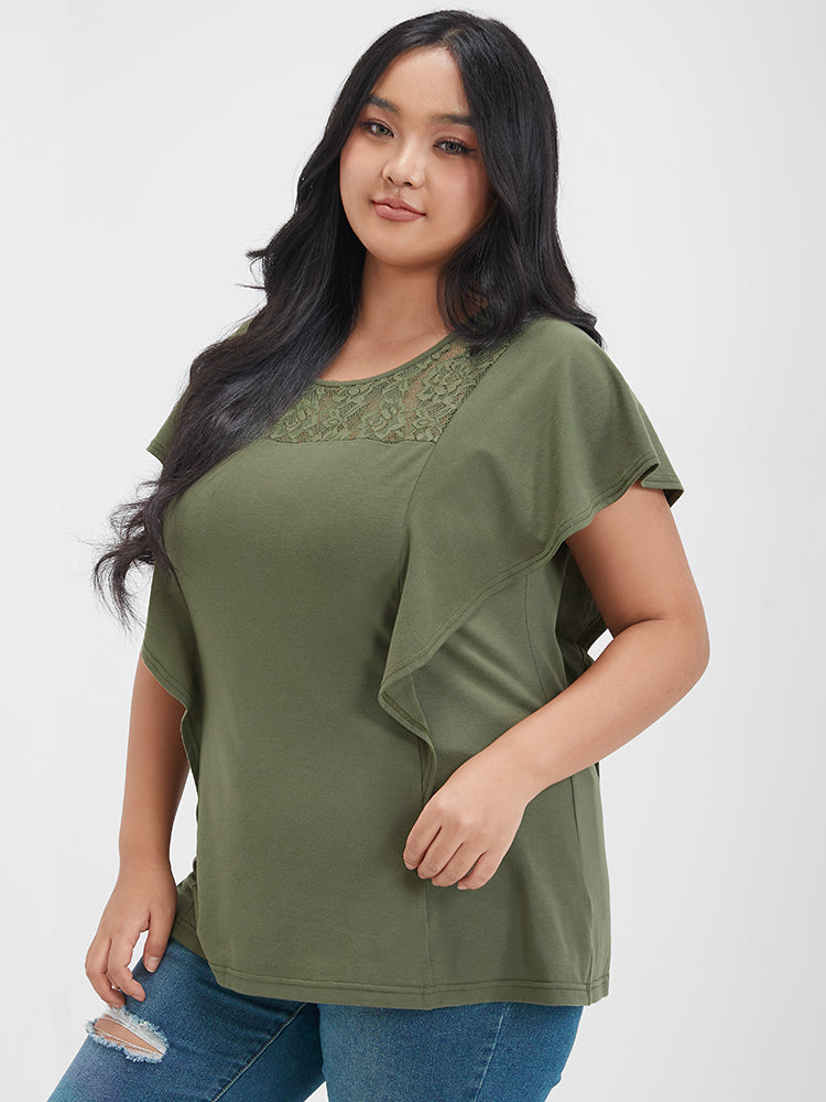 Solid Ruffled Crochet Lace Round Neck T-shirt