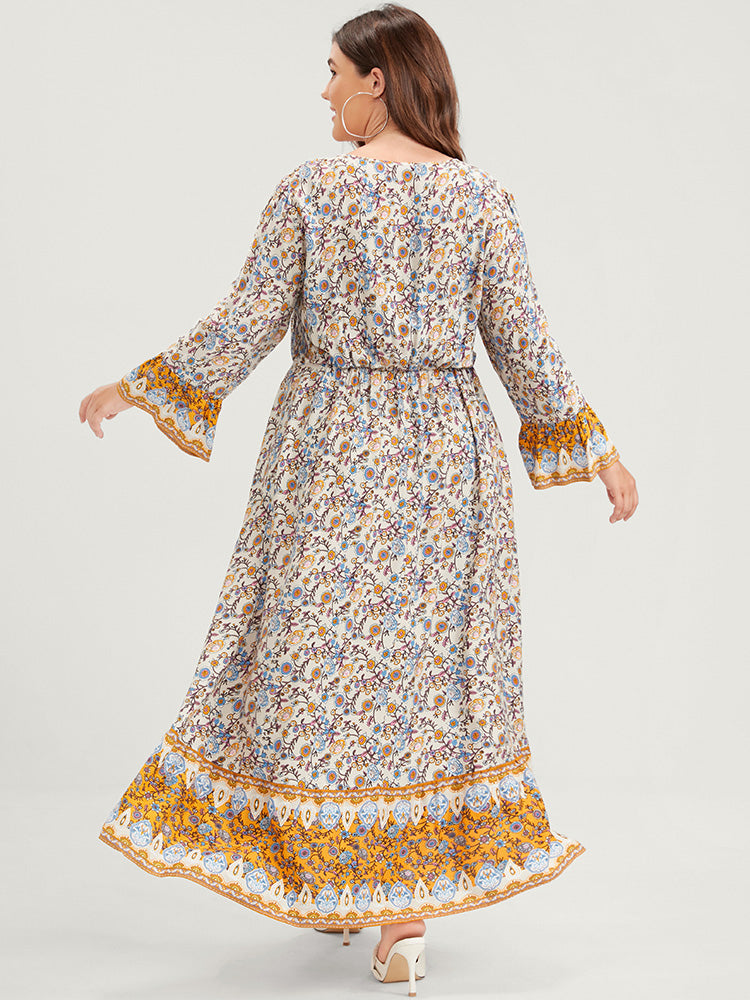 Floral V Neck Bell Sleeve Split Pocket Ruffles Maxi Dress