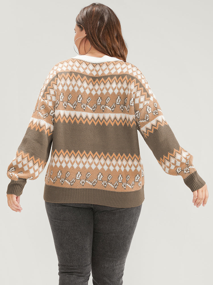 Bandana Pointelle Knit Contrast Geometric Jacquard Knit Top