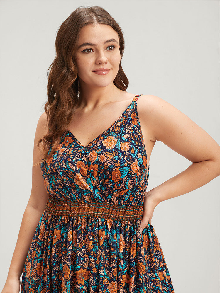 Floral Gathered Button Pocket Cami Maxi Dress