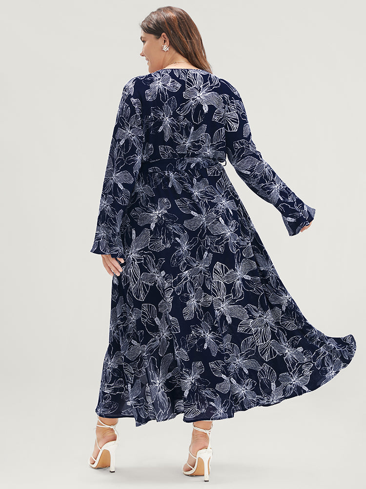 Floral Print Belted Pocket Split Hem Wrap Dress