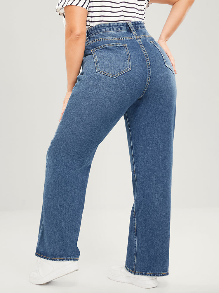 Wide Leg Moderately Stretchy High Rise Medium Wash Jeans