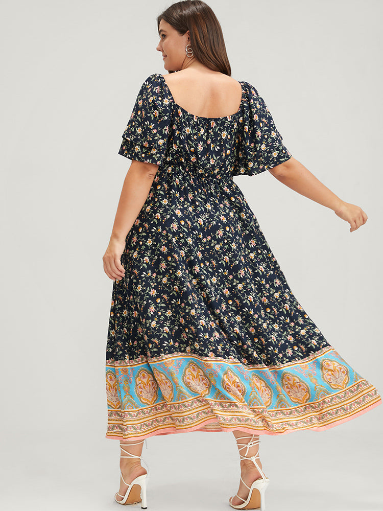 Floral Pocket Ruffles Square Neck Midi  Dress