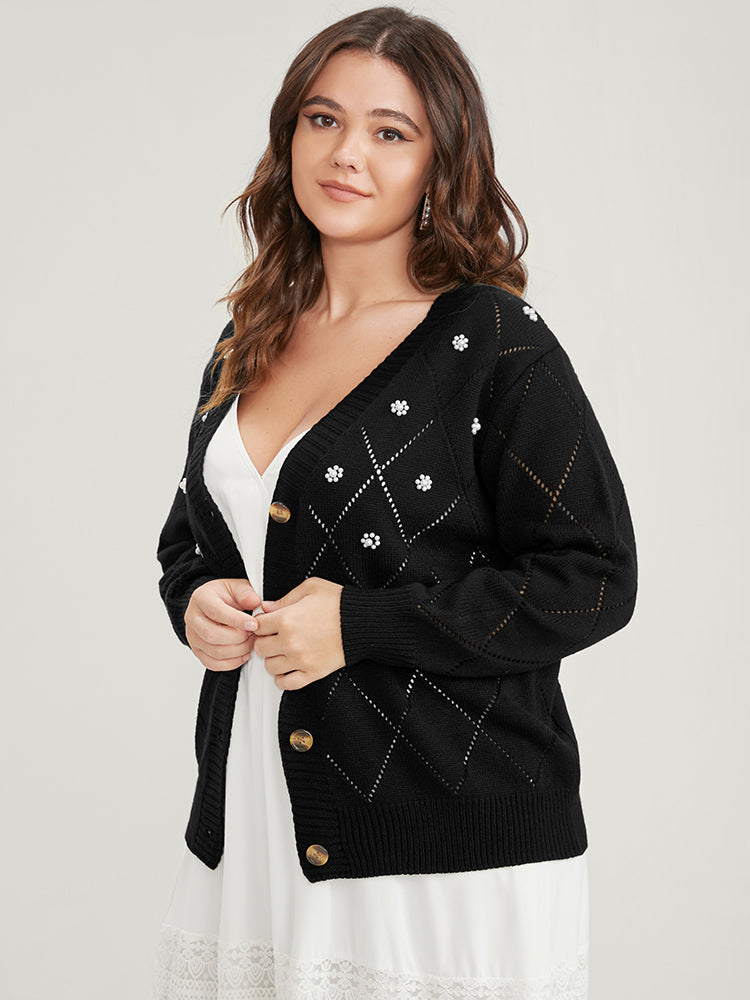 Solid Pointelle Knit Pearl Beaded Crochet Button Front Cardigan