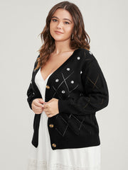 Solid Pointelle Knit Pearl Beaded Crochet Button Front Cardigan