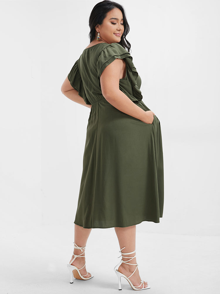 Solid Ruffles Button Ties Pocket Midi Dress