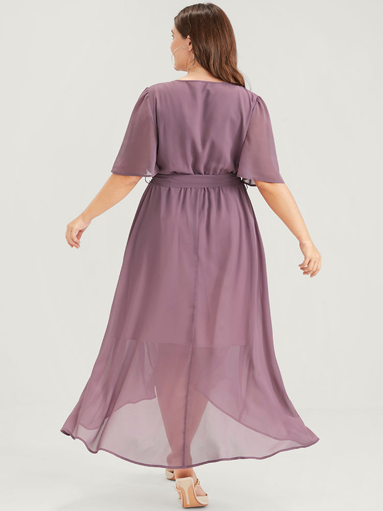 Solid Keyhole Neck Ruffle Asymmetrical Hem Belted Maxi Dress