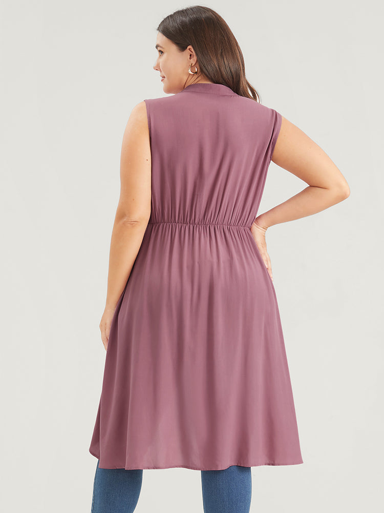 Solid Gathered Button High Low Hem Fake Pocket Tank Top