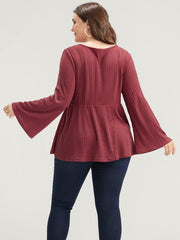 Solid Rib Knit Bell Sleeve Surplice Neck Long Tee