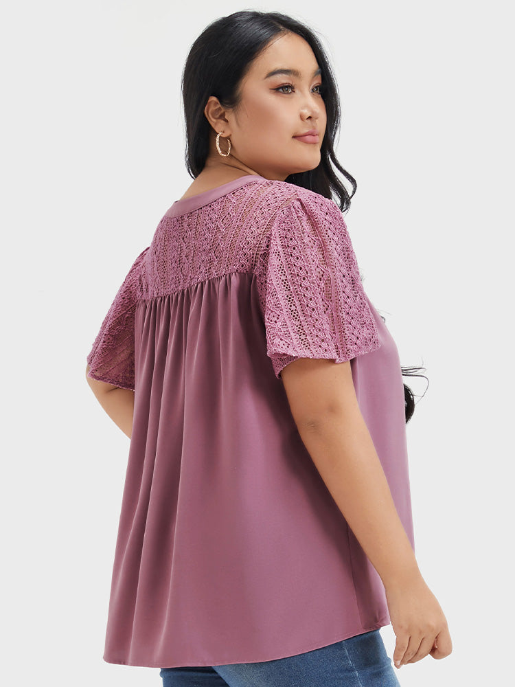 Plain Contrast Lace Ruffles Button V Neck Blouse