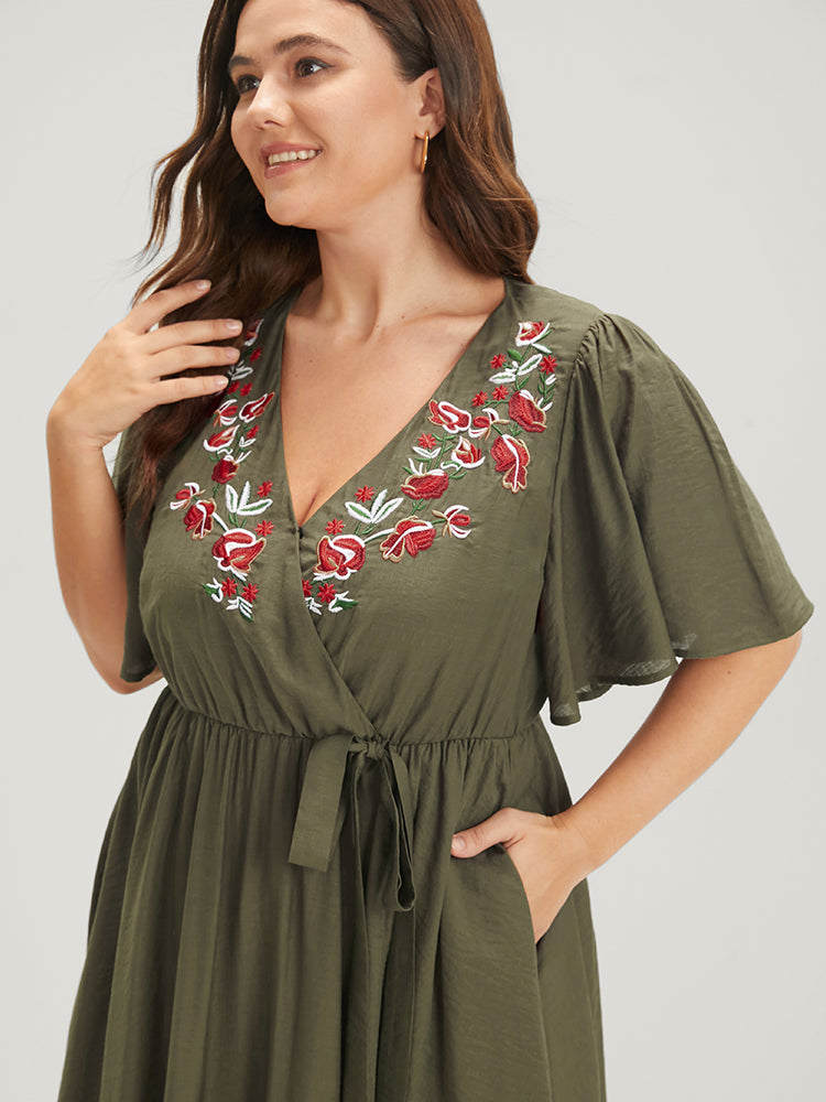 Solid Pocket Knotted  Embroidered Ruffles Hem Wrap Dress