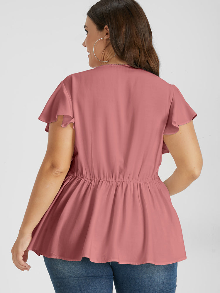 Solid Pleated Ruffled Button Lace V Neck Blouse