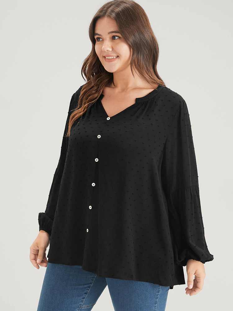 Solid  Button Lantern Sleeve Polka Dot Blouse