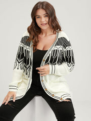 Geometric Knitted Jacquard Contrast Pocket Button Front Cardigan