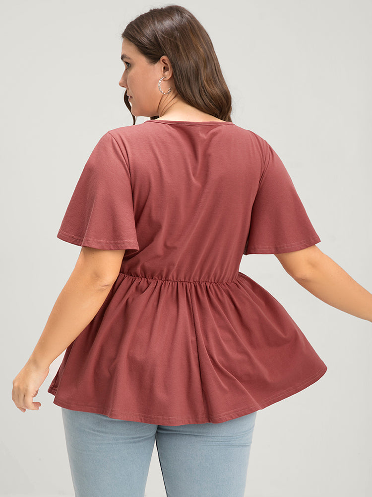 Solid  V Neck Ruffles Elastic Waist Lace Up T-shirt