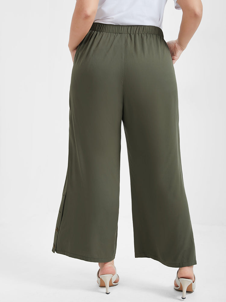 Solid Button Elastic Waist Pocket Loose Pants