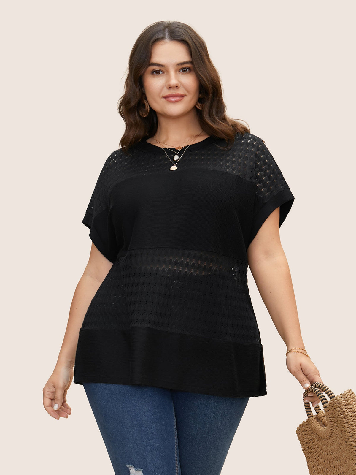 Solid Cut Out Patchwork Split Hem T-shirt